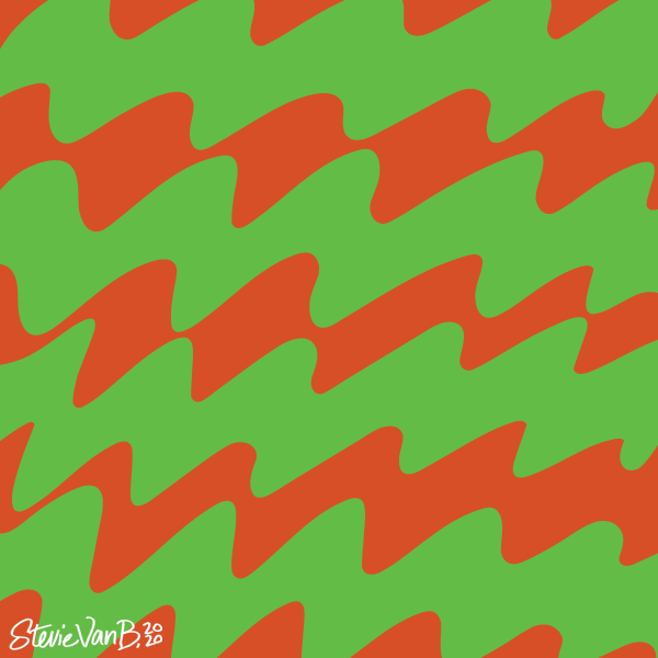 Color field of lurid wavy wide green and orange lines.