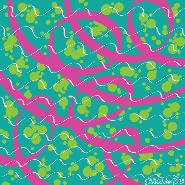 Color field of a teal background with lime green spots scattered below wide pink ribbons looping from left to right asymmetrically, and a top later of thin white wavy lines running parallel across the entire field.