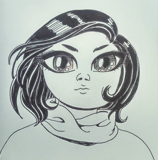 Sketch of a girl character with big sparkling eyes.