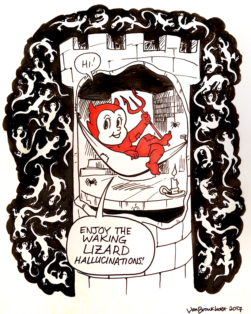 Ink drawing of a cartoon devil hangin in a hammock within a castle as the sky outside fills with lizards sillhouetees. He says, smiling, "enjoy the waking lizard hallucinations!